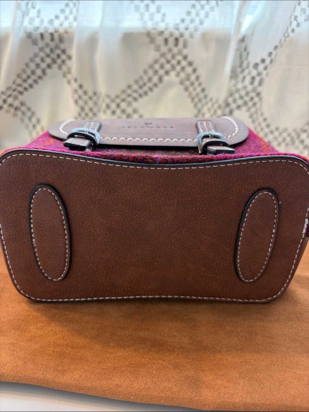 Islander Harrison Tweed Mini Jura Backpack. Brown Leather and Magenta Plaid. - Picture 10 of 10